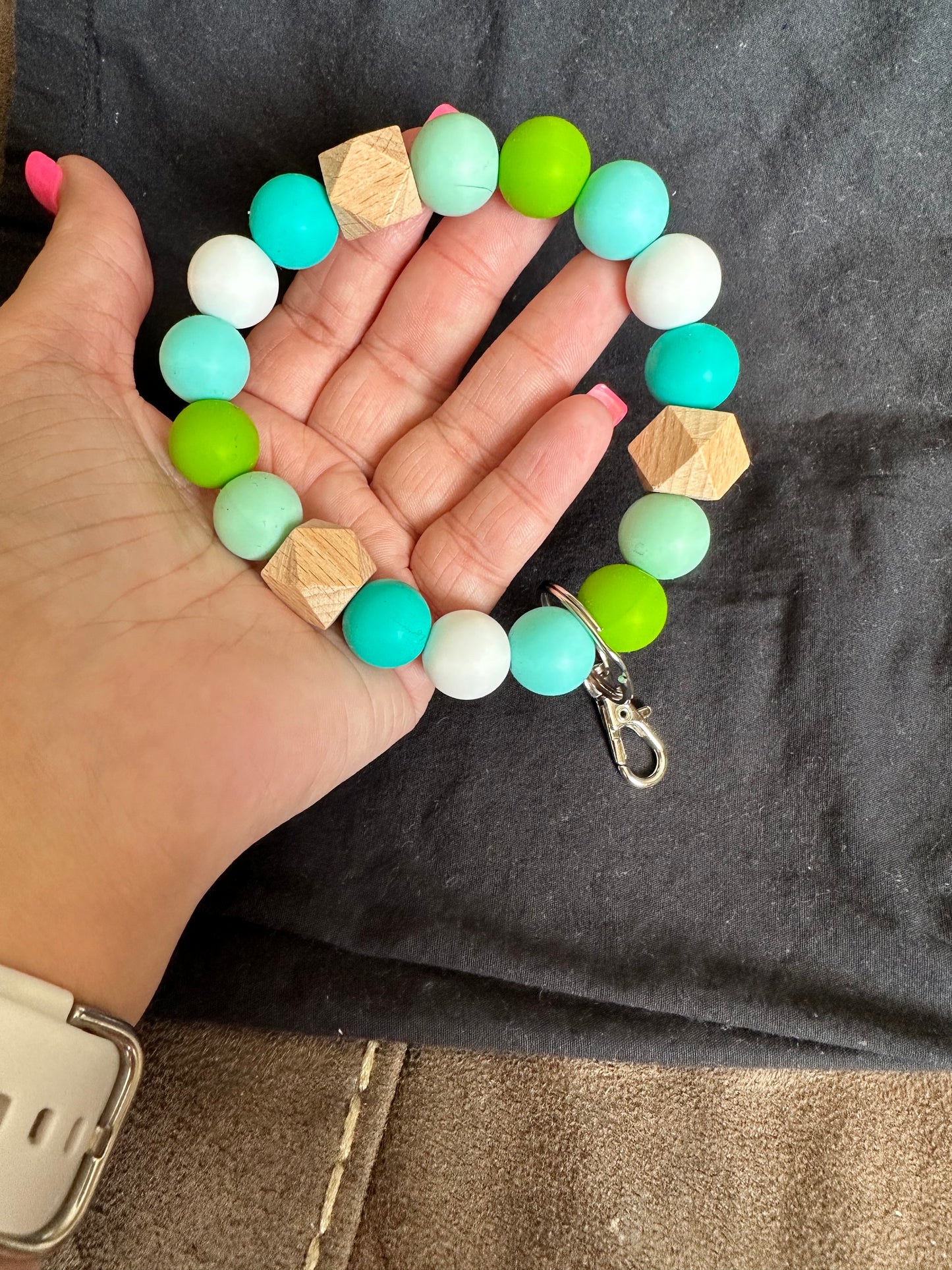 Teal, Mint, Green, Natural Wood Accents Wristlet Keychain