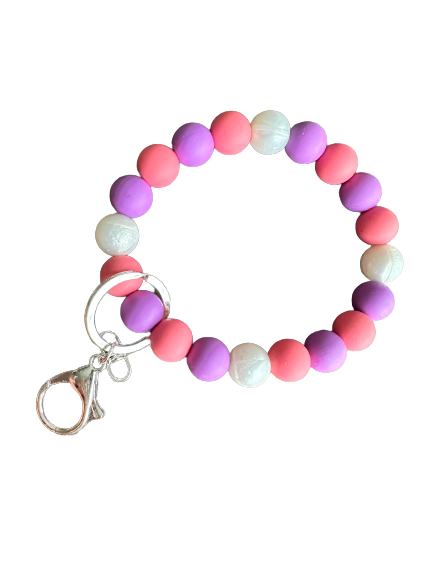 Pink & Purple Silicone Wristlet Keychain, with Pearl Accents