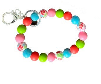 Hawaiian Floral, pink, blue, green, and red Wristlet Keychain