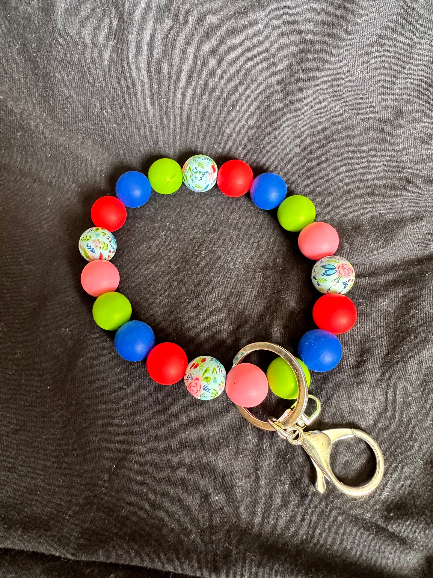Blue and Pink Flowers Wristlet Keychain